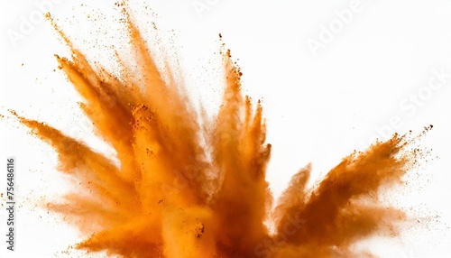 abstract orange powder explosion closeup of orange dust particle splash isolated on white background