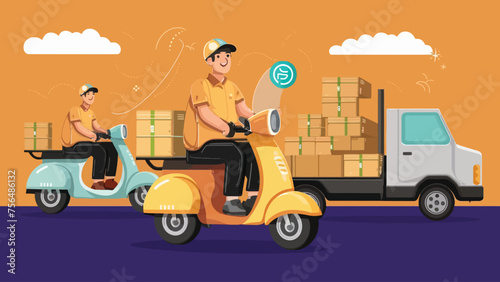 2d vector illustration A courier wearing a shirt is delivering a package mobile with location gps
