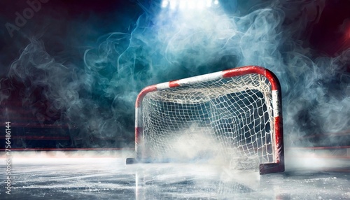 hockey goal and ice hockey arena in smoke and in the spotlight