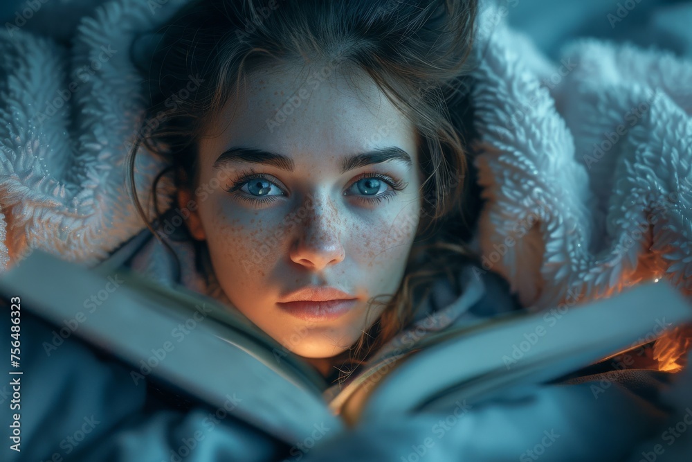 A young girl wrapped in blankets reads under the soft glow of night lighting A young girl wrapped in blankets reads under the soft glow of night lighting