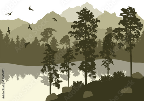 Beautiful nature, landscape. Forest and lake with flying birds on background of mountains. Silhouettes of pines and fir trees. Vector illustration