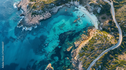aerial view of a coastal area with crystal-clear turquoise waters, a white sandy beach, rocky shores and patches of green vegetation. There’s also a winding road that curves around the coast