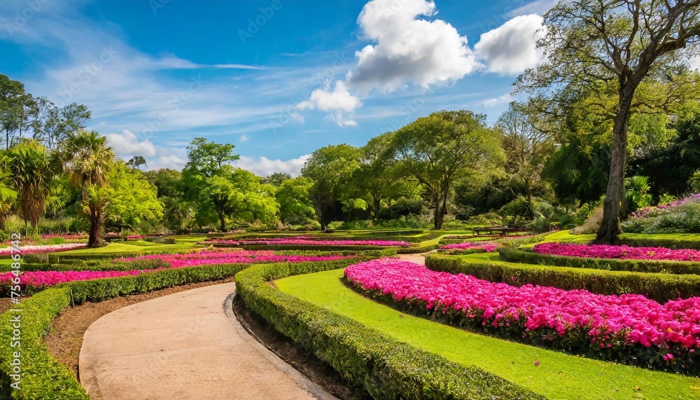 beautiful park the vibrant blue sky serves as the perfect background for the colorful floral display with stunning pink flowers lush green leaves and an array of vibrant plant life creating