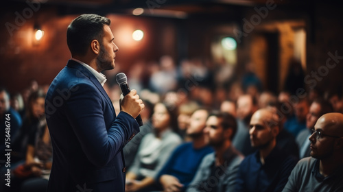 Confident businessman giving a presentation to an audience at a professional seminar.