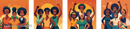 African American women diversity girl power flat vector set