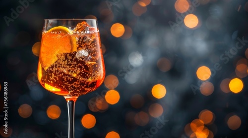 Aperol Spritz cocktail on night club background. Glass of alcoholic drink photo