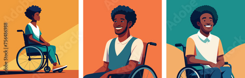 Young smiling disabled African American man in wheelchair. Flat vector illustration 