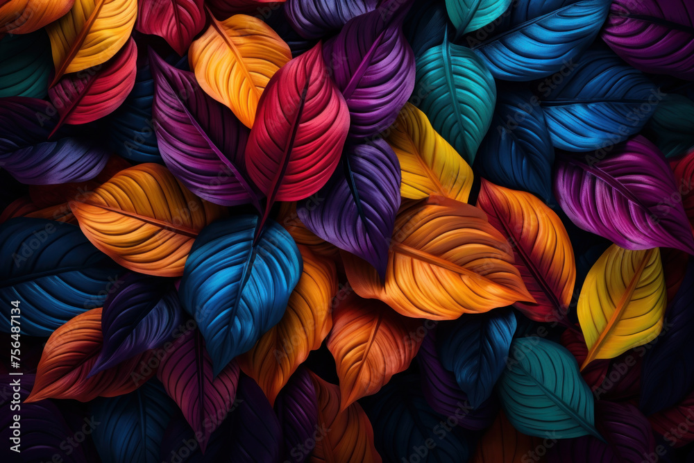 Dive into a world of vibrant colors with neon-style leaves on a black background, evoking the essence of neoplasticism. AI generative