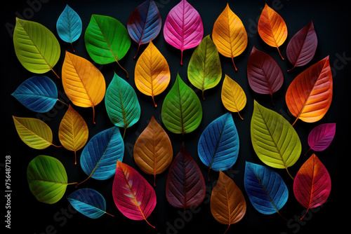 Explore the beauty of neon-style leaves spread out on a black background, resembling real foliage with vibrant colors. AI generative