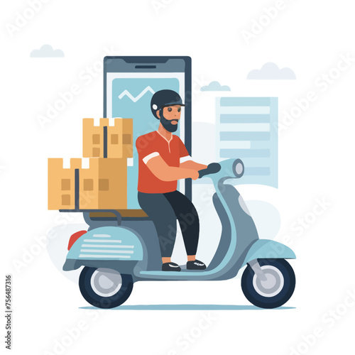 2d vector illustration A courier wearing a shirt is delivering a package mobile with location gps
