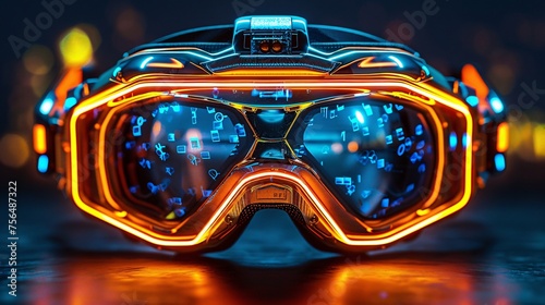 The intricate design of VR goggles with glowing lights and sleek lines