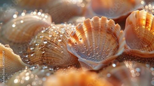 Add a touch of realism by featuring tiny dewdrops glistening on the surface of the seashells in the early morning light