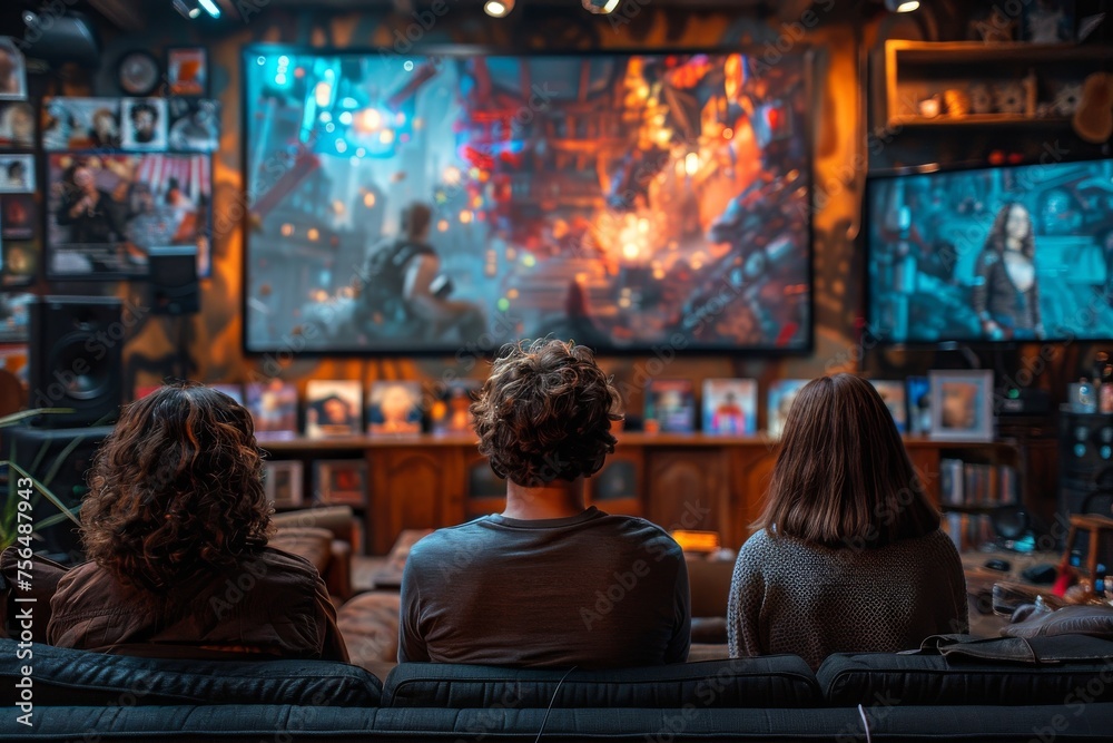 Three friends engaged in watching an action-packed movie on a large home entertainment setup Three friends engaged in watching an action-packed movie on a large home entertainment setup