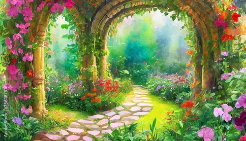 a beautiful secret fairytale garden with flower arches and colorful greenery digital painting background