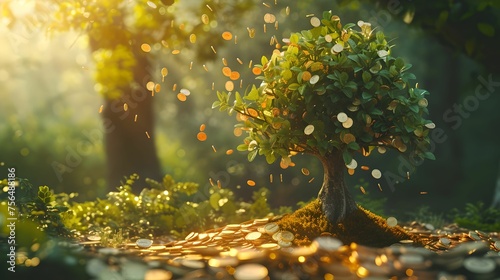 Money Tree Magic in Earthy Forest, magical, coins, transforming, thriving photo