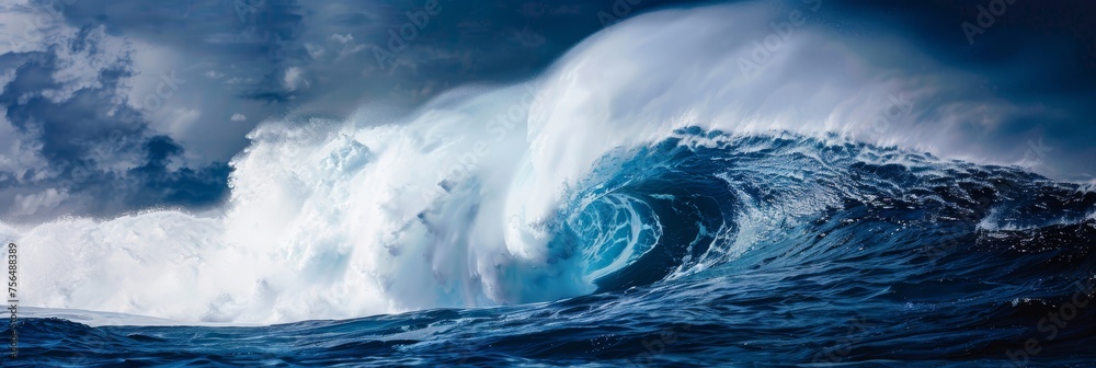 Powerful colossal ocean wave rising dramatically under a vibrant blue sky on a sunny day