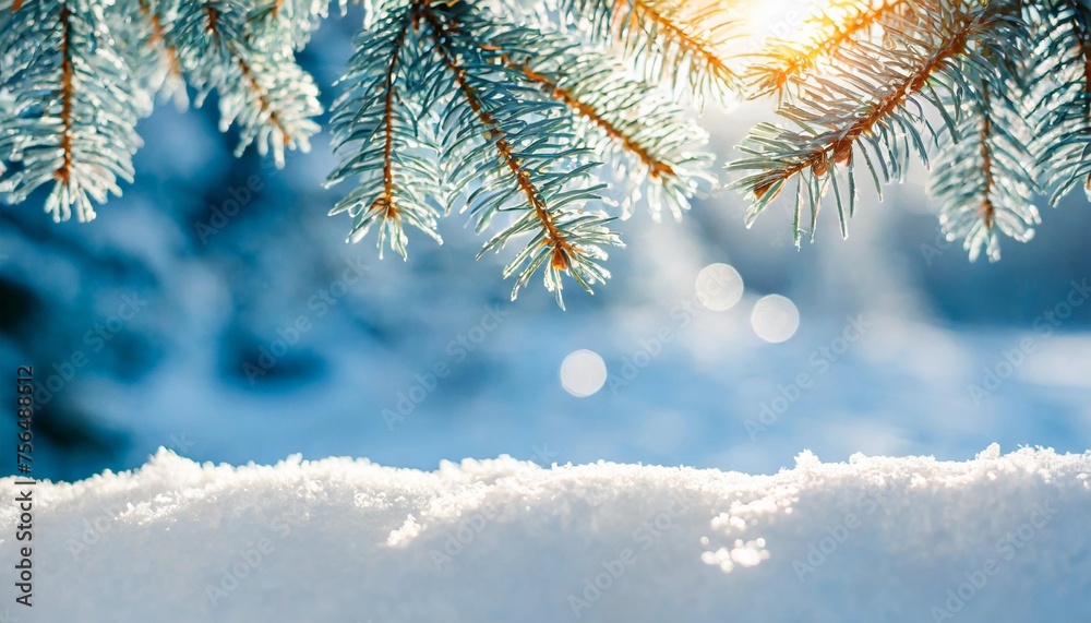 beautiful winter background image of frosted spruce branches and small drifts of pure snow with bokeh christmas lights and space for text - obrazy, fototapety, plakaty 
