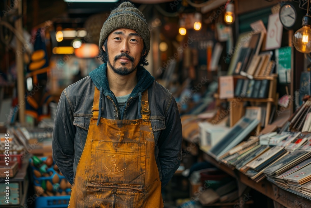 A shopkeeper in an apron presents his market stall filled with books and groceries, creating a welcoming ambiance