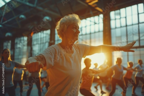 Elderly individuals engage in fitness routine led by physical therapist, promoting active aging and well-being.