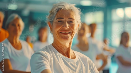 Elderly individuals engage in fitness routine led by physical therapist, promoting active aging and well-being.