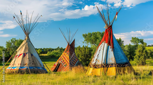three tipis (also tepee and teepee), conical tent made from animal skins.
