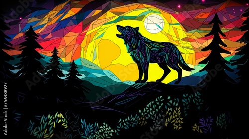 minimalistic papercut mosaic about howling wolf in landscape at night with mountains and forest