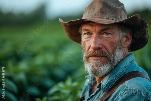 An intense portrait of a rugged man with a stern look, wearing a leather cowboy hat outdoors © Larisa AI