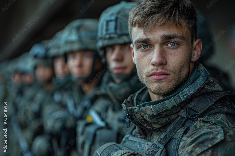 Close up of a young soldier's focused face while standing in formation, symbolizing teamwork and discipline