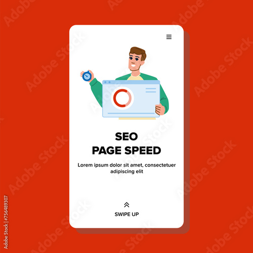 website seo page speed vector. optimization google, optimize isometric, site load website seo page speed web flat cartoon illustration
