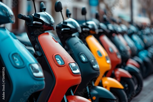Future Sustainable City Transport, close-up shot, row, parked, electric scooters