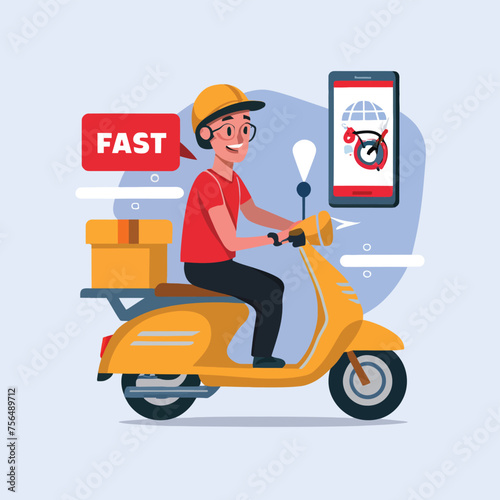 2d vector illustration A courier wearing a shirt is delivering a package mobile with location gps
