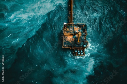 Ocean Oil Pollution from Aerial View, oil platform, middle, surrounded, water polluted