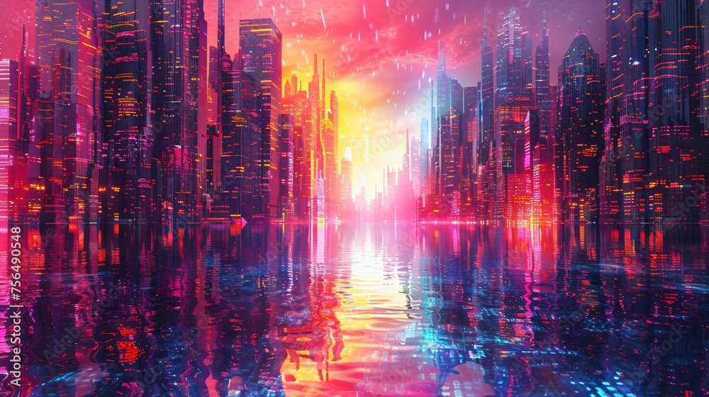 A digital artwork of a futuristic city skyline rising high.