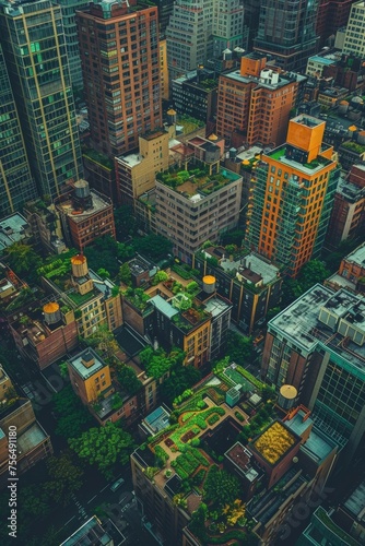 Aerial view of a bustling city with green rooftops, community gardens, and solar panels.