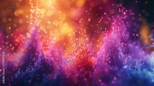 Vibrant hues swirl in a mesmerizing dance, as computer-generated particles flow gracefully in a dreamy slow-motion sequence, all captured in stunning shallow focus.