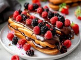 Chocolate eclairs with berries on white plate