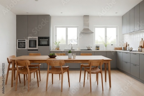 Modern Scandinavian dining room with kitchen zone at the back.