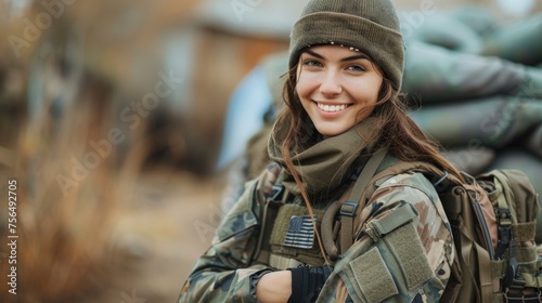 Cheerful female soldier in military uniform with a warm smile