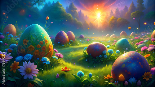 An artwork featuring colorful Easter eggs nestled in a natural setting, such as a grassy field or a blooming garden, symbolizing new life and renewal.