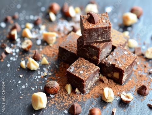 cubes on dark chocolate fudge with hazelnuts