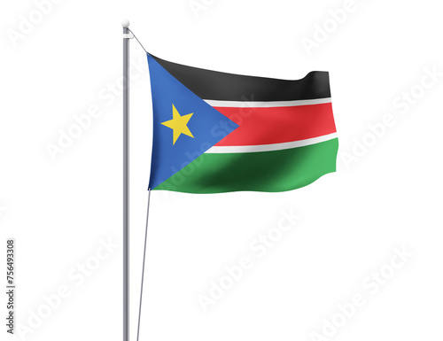 South Sudan national flag waving isolated on white background.