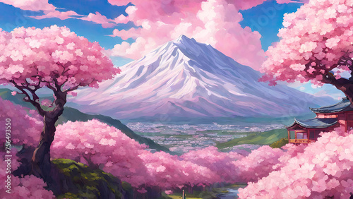 mountain and blossoms