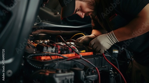 Auto electrician is installing a car radio sound system close up.