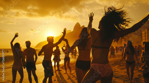 People enjoying a festive beach party at sunset. photo
