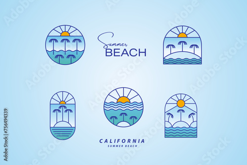 beach logo on tropical island with palm trees and sunset ocean waves, lighthouse badge vector illustration photo