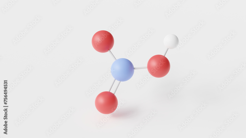 nitric acid molecule 3d, molecular structure, ball and stick model, structural chemical formula highly corrosive mineral acid nitric acid molecule 3d, molecular structure, ball and stick model, structural chemical formula highly corrosive mineral acid
