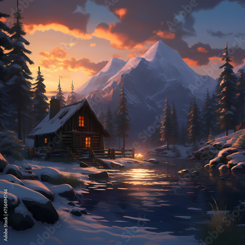 A serene winter landscape with a cabin.