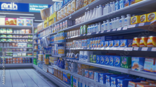 Rows of shelves with goods inside a supermarket.