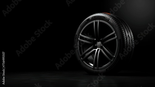 Car tire. Wheel black background. Website banner. Wheels store illustration.