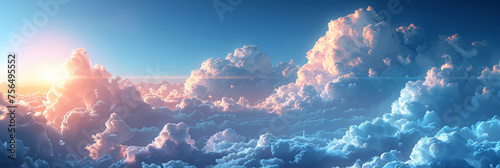 Beautiful sky with white clouds on a clear blue background. Soft clouds drift in the sky. A sky landscape with fluffy white clouds. Clouds banner. 